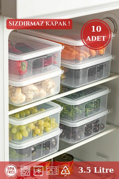 10 Adet 3,5 LT Sızdırmaz Göstergeli Dikdörtgen Saklama Kabı Seti Şeffaf